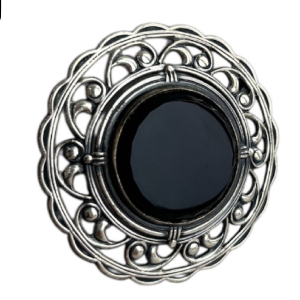 Vintage Sterling Silver Brooch Pin Onyx Black Stone Ornate Scrolled Filigree - Picture 12 of 15